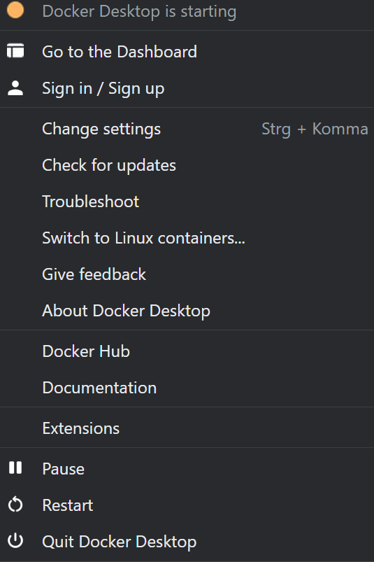 Docker Desktop information and switch to windows/linux